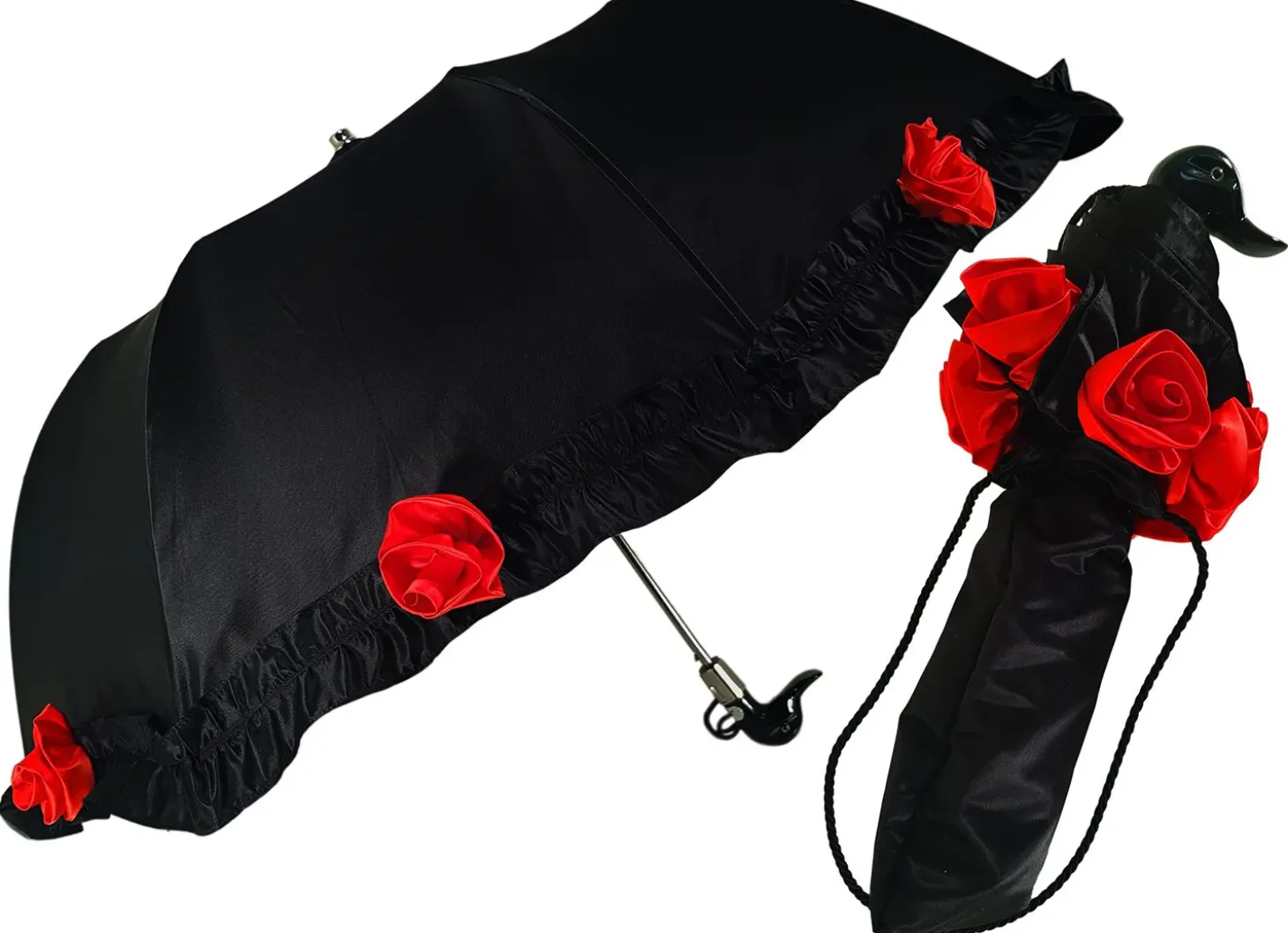 Amazing Frilly Black Folding Umbrella Parasol