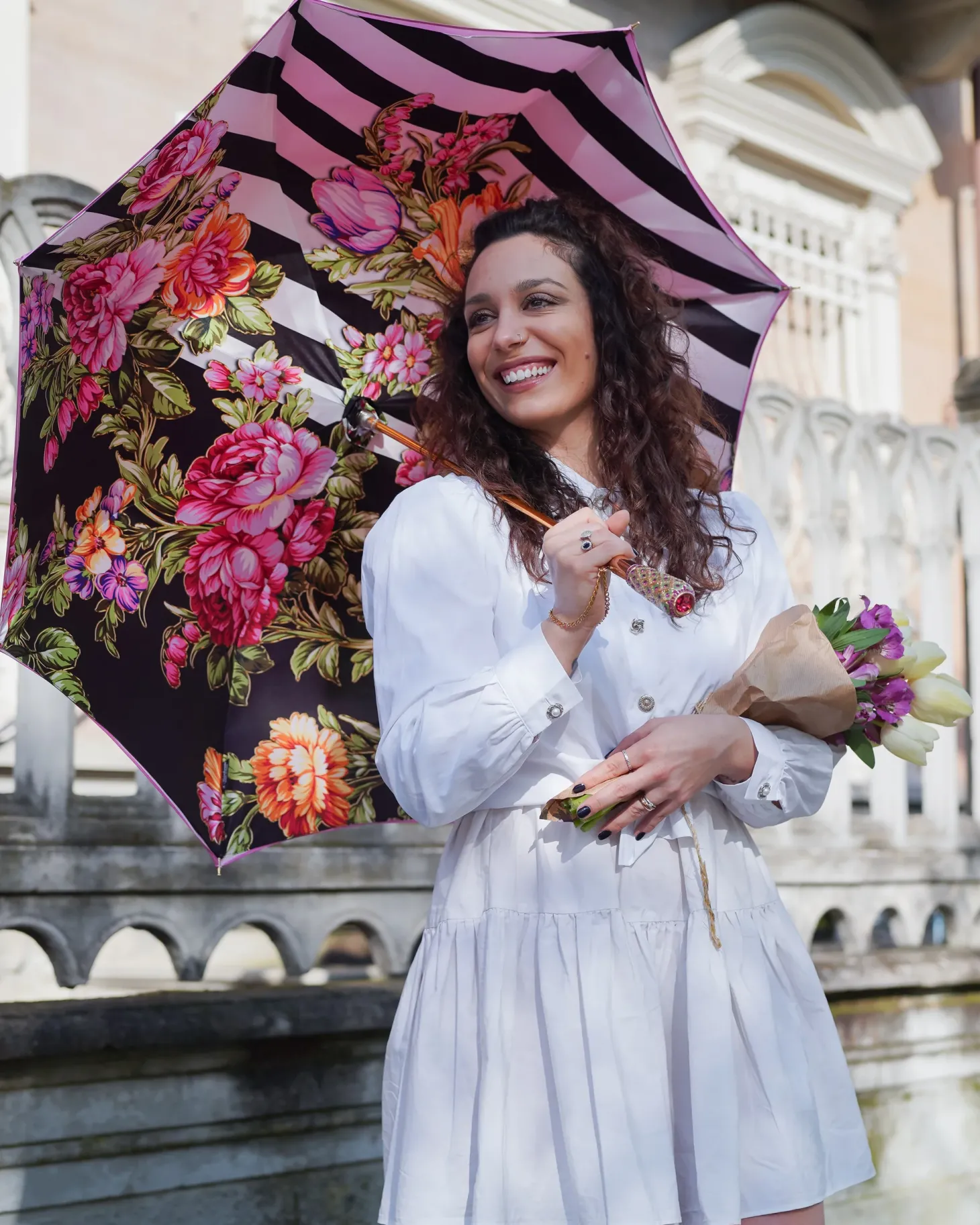 Artisan Pink Floral Umbrella with Crystal Handle & Exquisite Hand-Pain