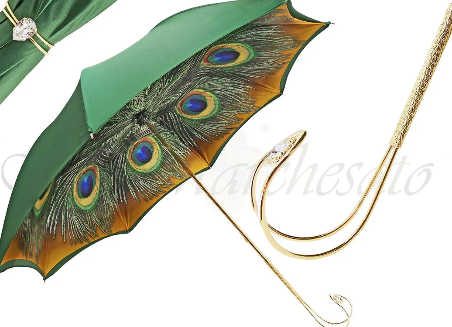 Beautiful Green Women's Umbrella with Printed Peacock Design gold plated handle