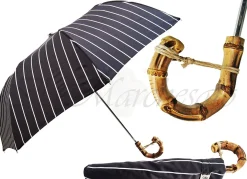 Black and White Striped Men's Folding Umbrella - Whangee Bamboo Handle