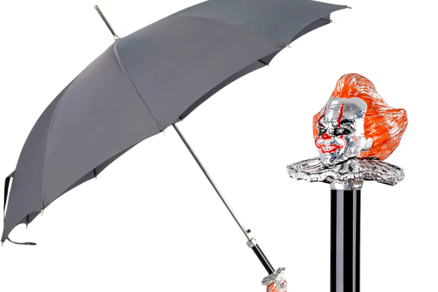 Carnival of Shadows: Grey Umbrella with Intricate Clown Handle