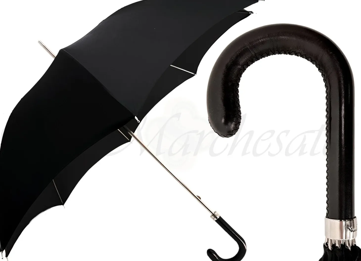 Classic Gentlemen's Black Umbrella With Leather Handle