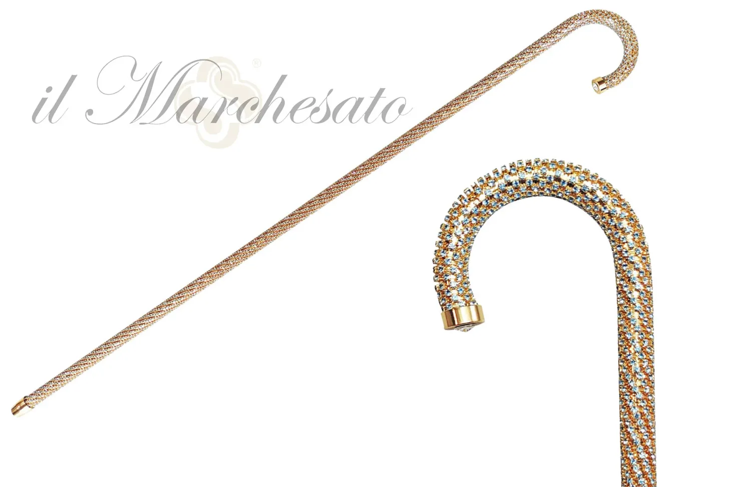 Crook Walking Cane Encrusted with Aquamarine crystals