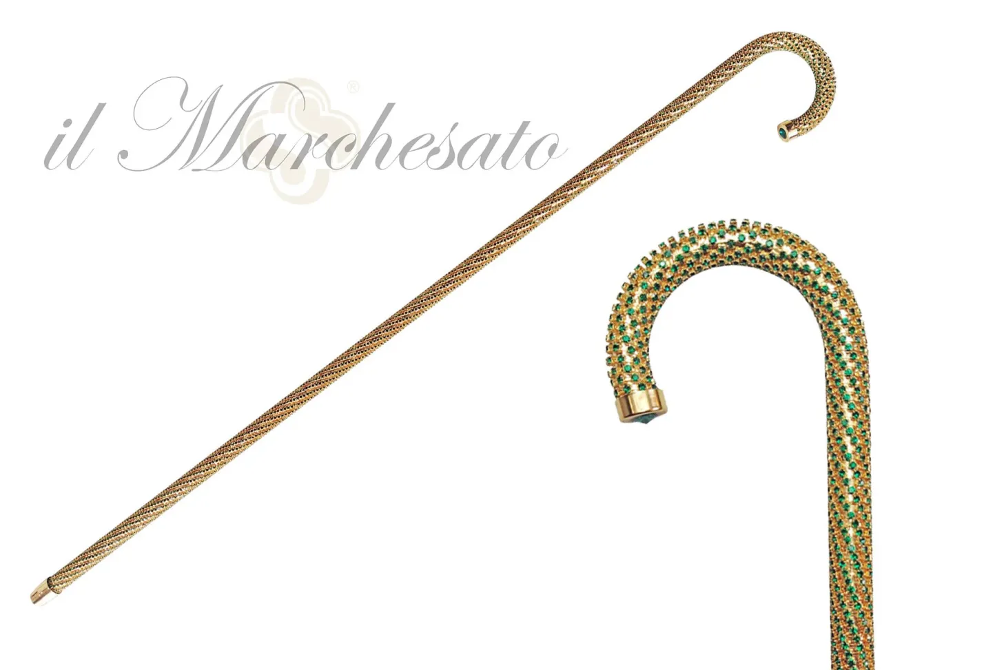 Crook Walking Cane Encrusted with Emerald crystals
