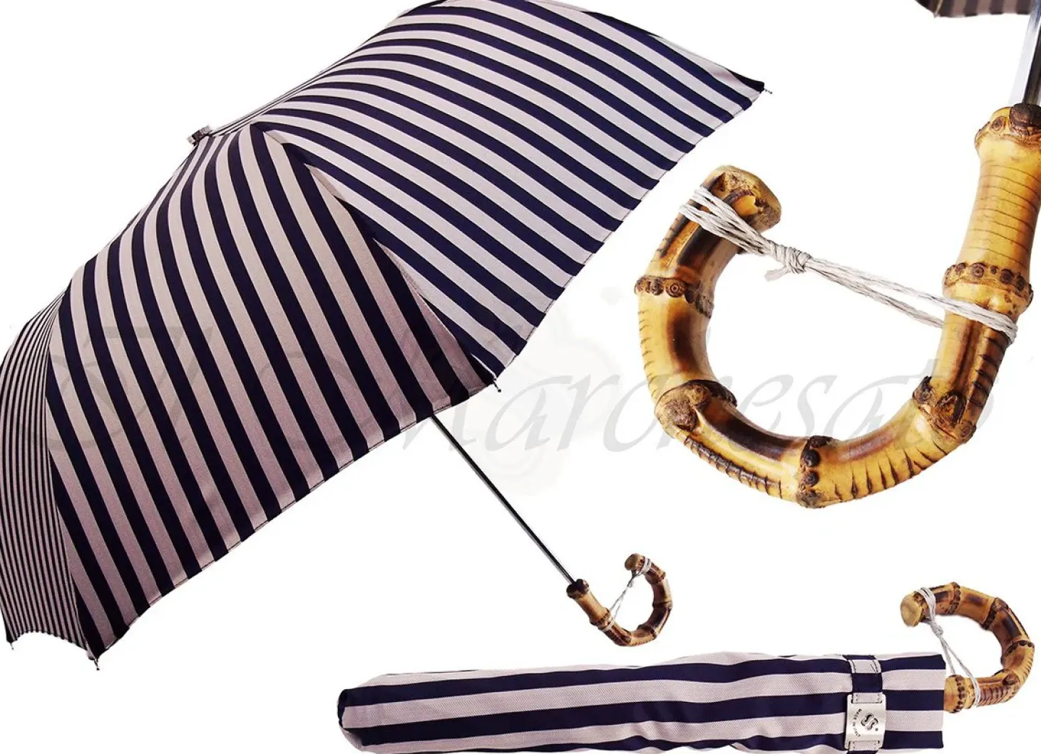 Dark Blue, & Dirty White Striped Men's Folding Umbrella - Bamboo Handl