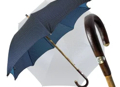 Elegant Blue umbrella with Natural Chestnut Wood hand-curved