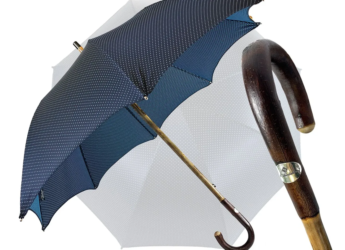 Elegant Blue umbrella with Natural Chestnut Wood hand-curved