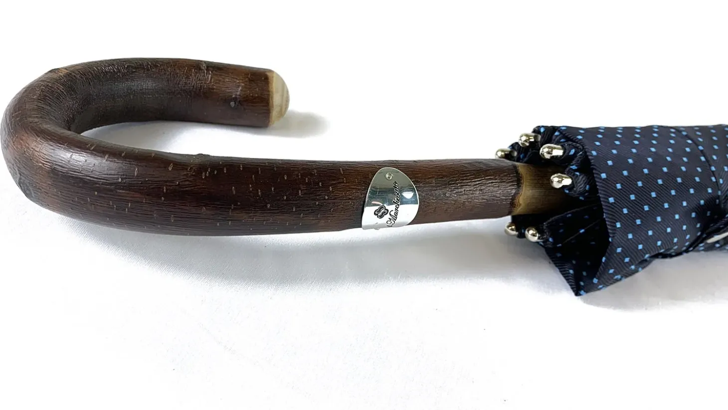 Elegant Blue umbrella with Natural Chestnut Wood hand-curved