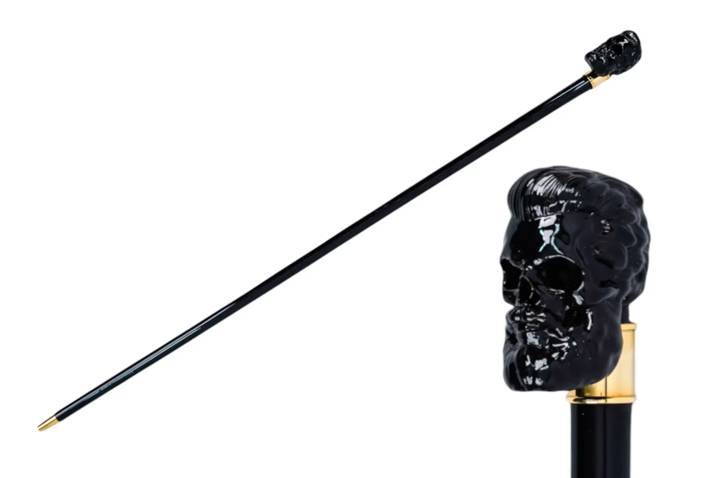 Elegant Cane with Sculpted Black Skull Handle and Gold Accents