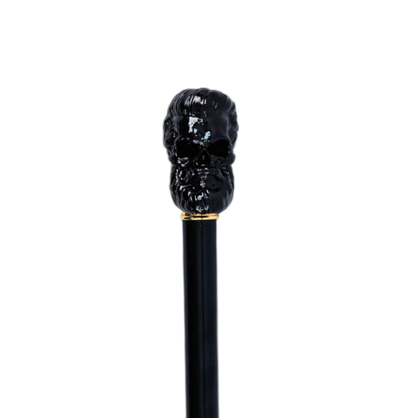 Elegant Cane with Sculpted Black Skull Handle and Gold Accents