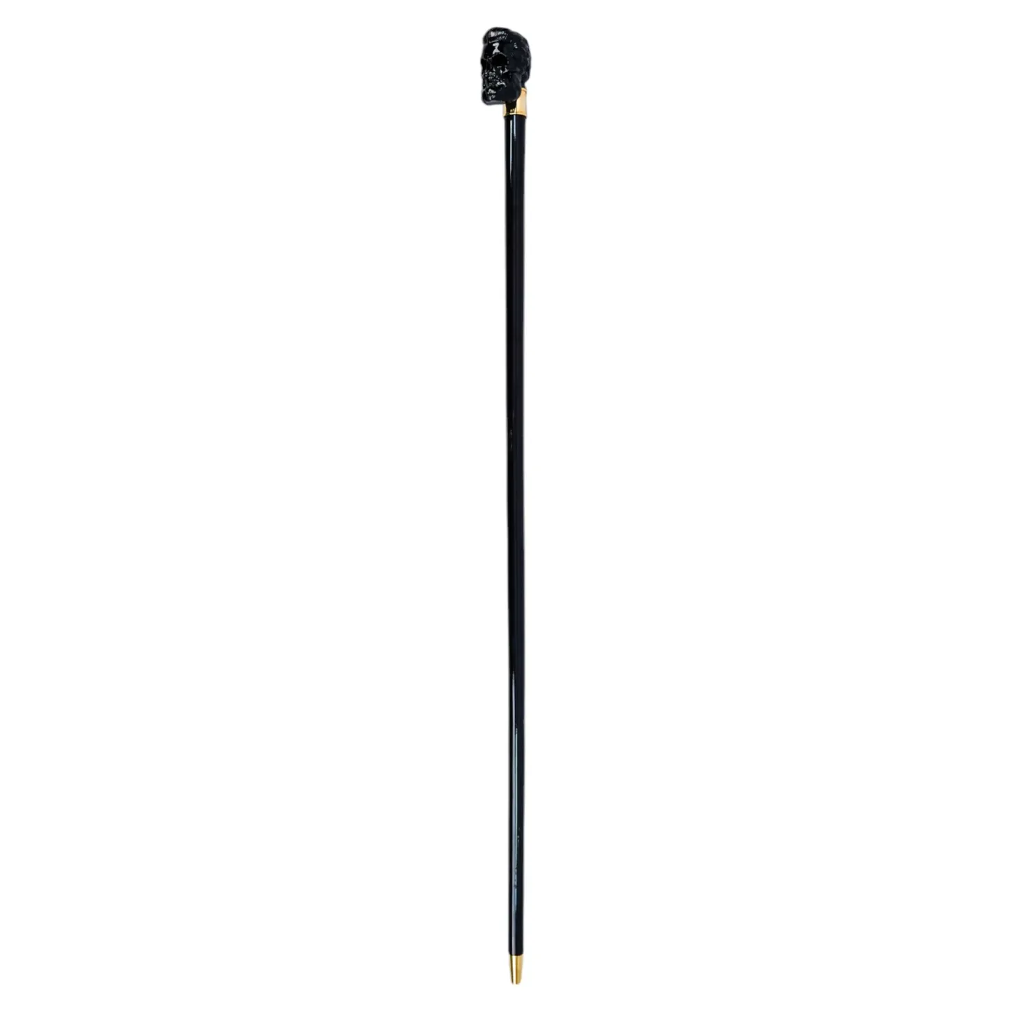 Elegant Cane with Sculpted Black Skull Handle and Gold Accents