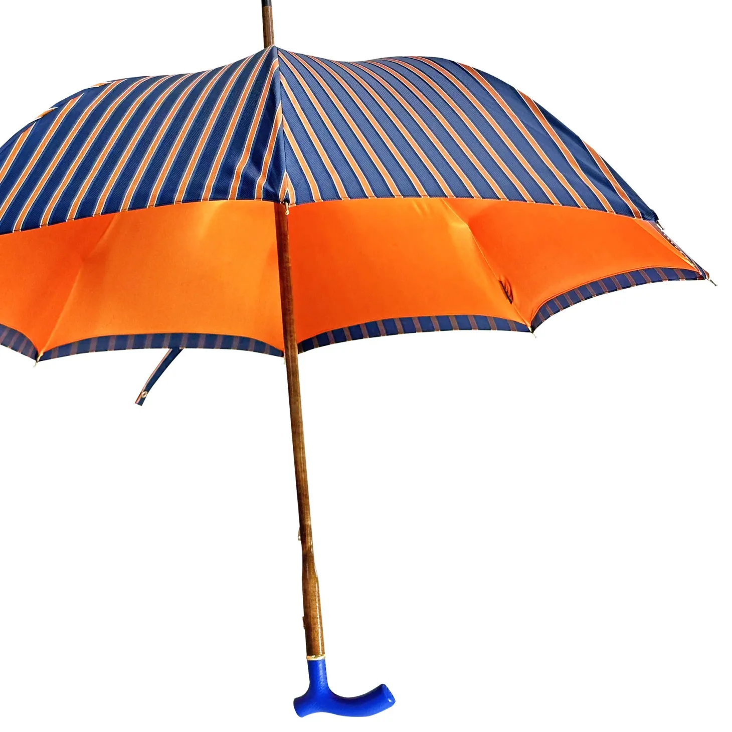 Elegant orange umbrella - handmade blue leather handle