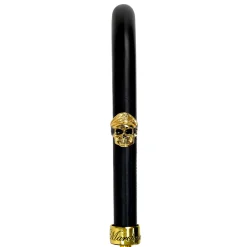 Elegant Umbrella with Leather Handle, Gold Skull, and Ornate Black and