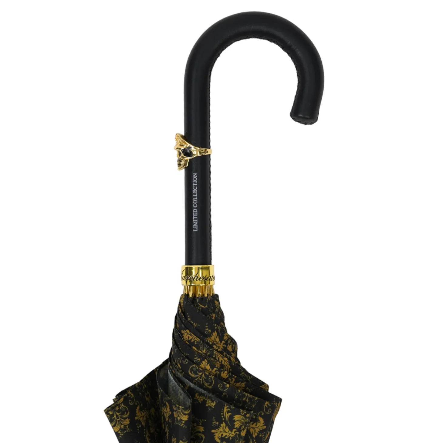 Elegant Umbrella with Leather Handle, Gold Skull, and Ornate Black and