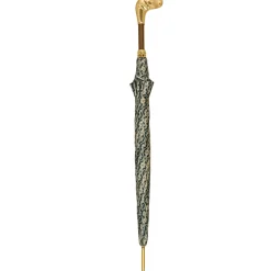 Golden Hound: Beige Patterned Umbrella with Dog Handle in Gold Finish