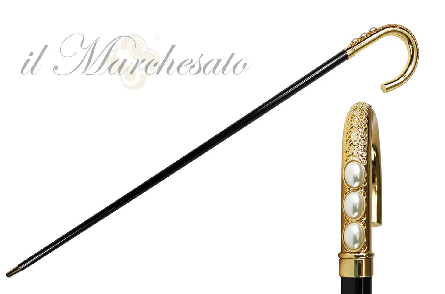 Goldplated Curved Walking-stick with Pearls