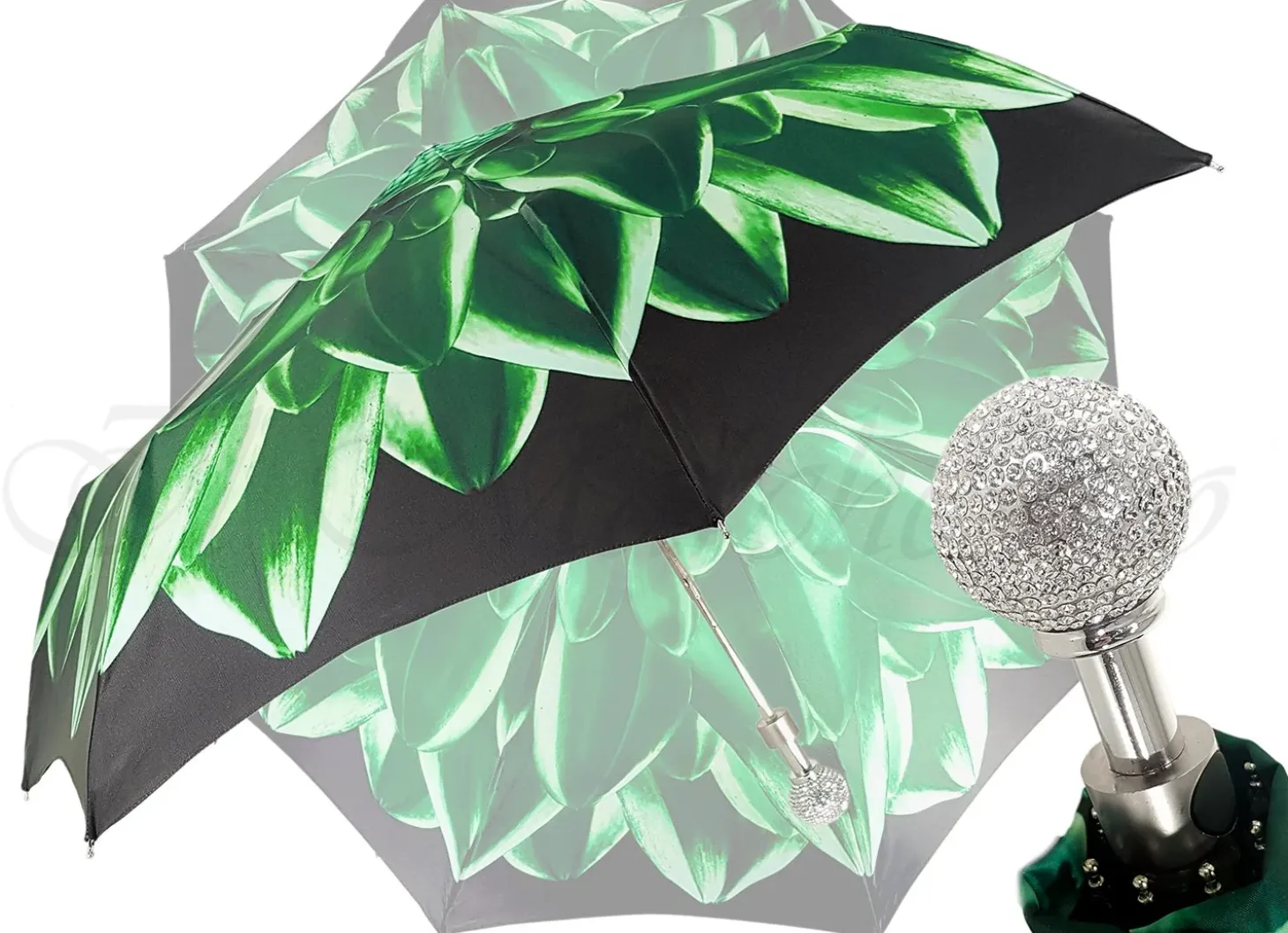 Green Flower Ladies Folding Umbrella With Luxury Handle