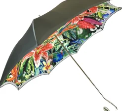 Grey Umbrella With Floral Print Interior - Exclusive Pattern