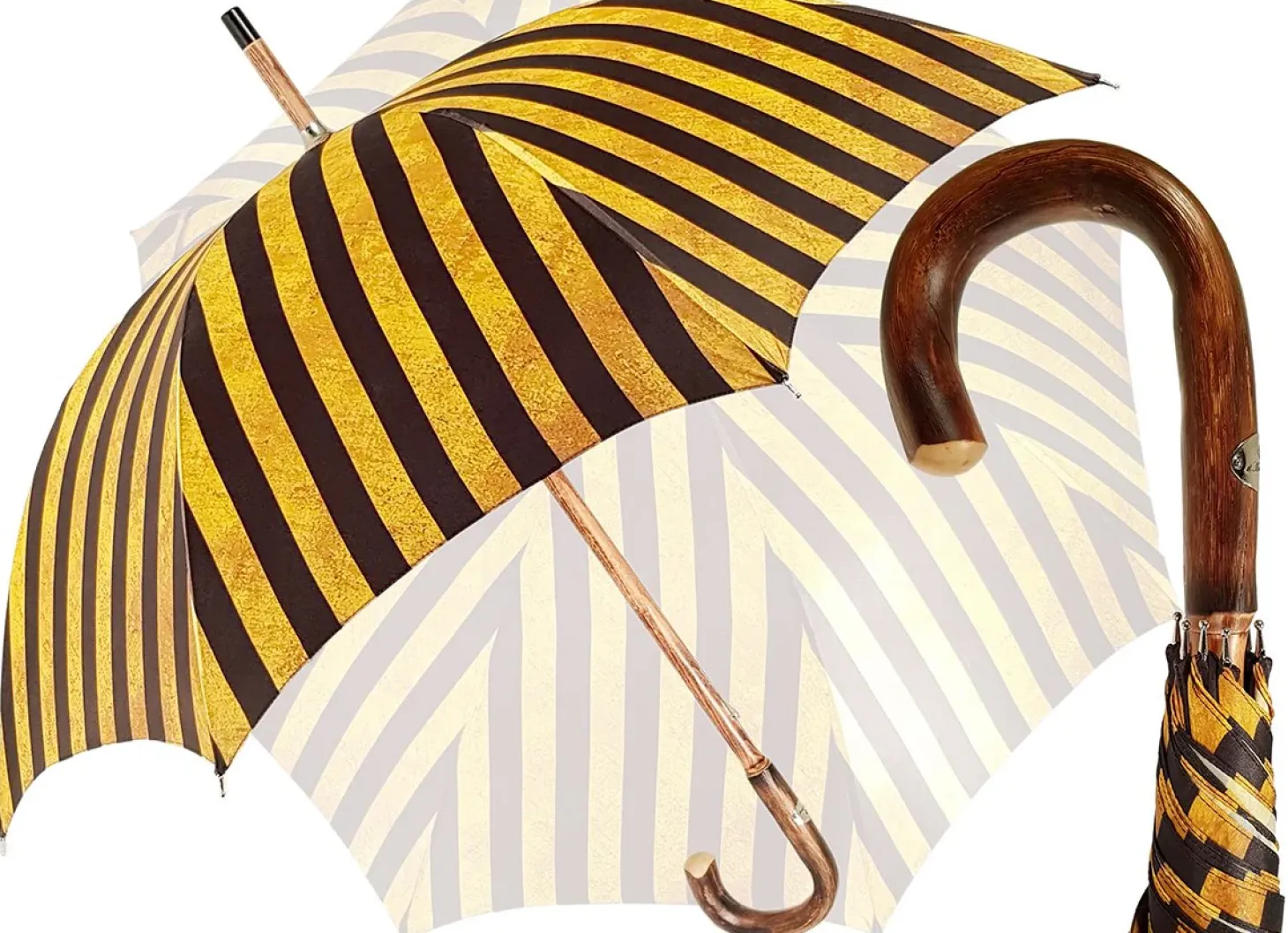 Handcrafted Umbrella - Striped Gold and Dark Brown - Chestnut Wood-Han