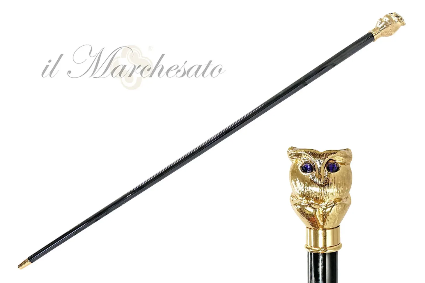 Handmade owl Walking stick with purple stone - 24K gold-plated