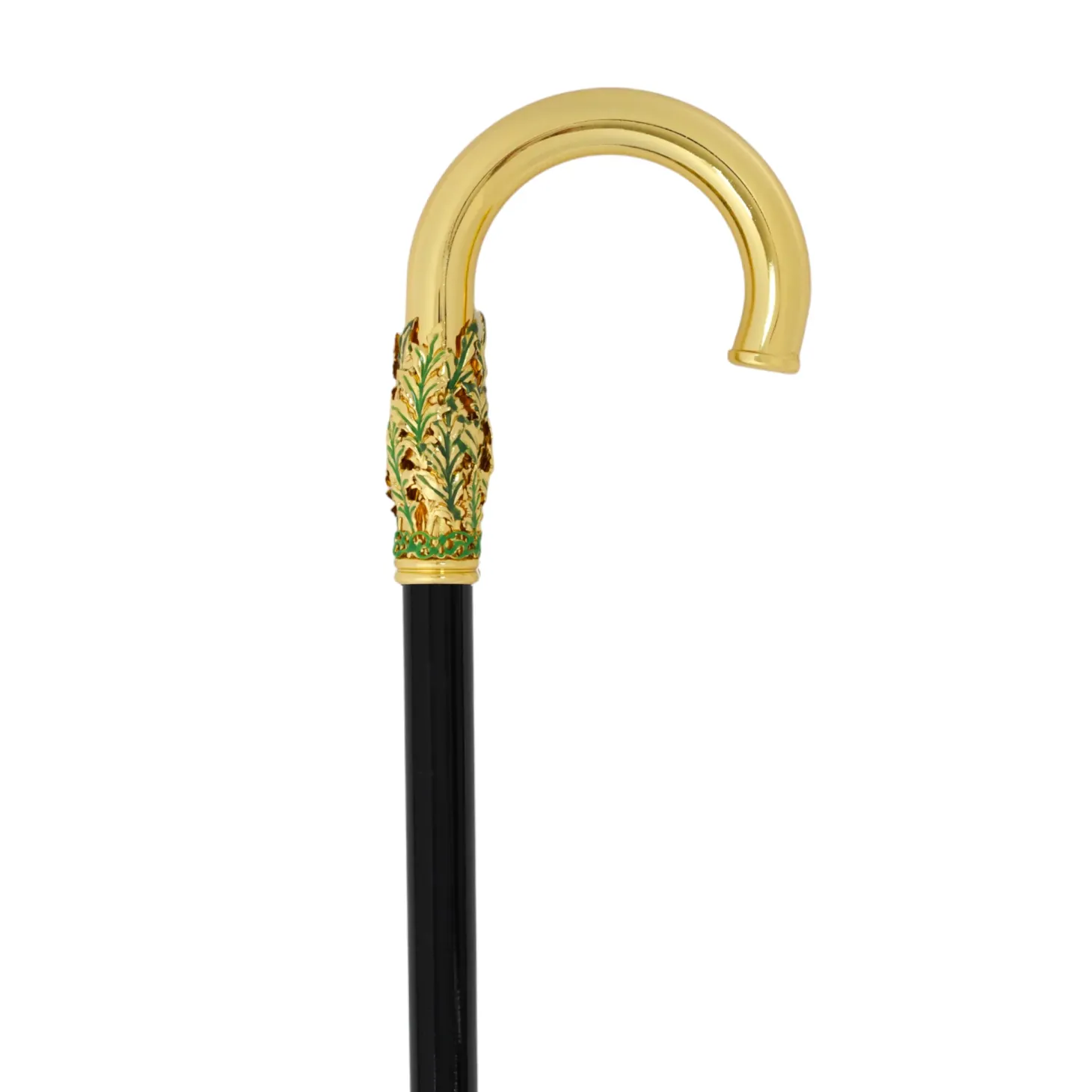 Hand-Painted Golden Plated Metal Walking Cane with Leaf Design