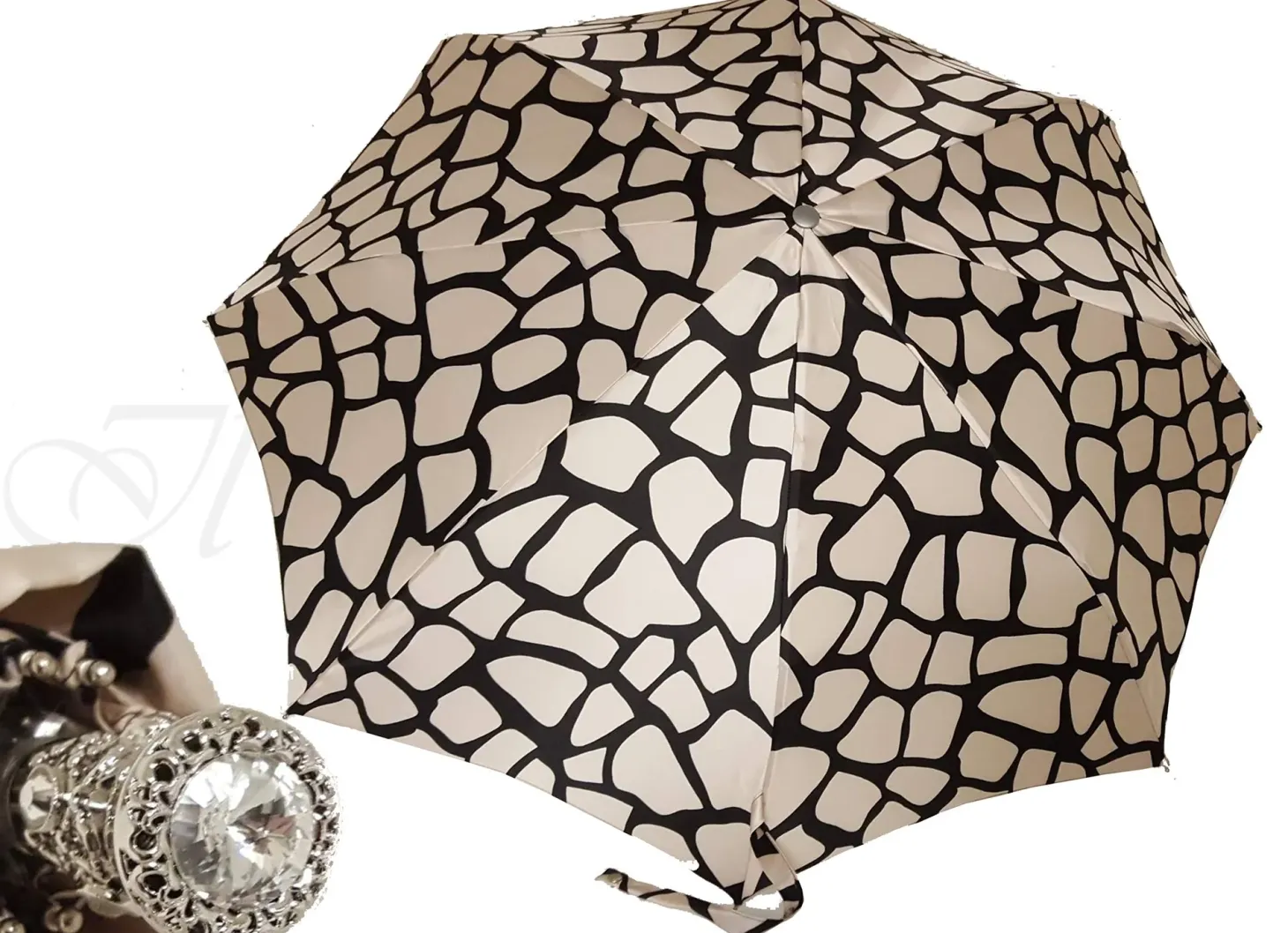 Lightweight Black & Cream Folding Umbrella