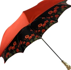Luxury umbrella with red poppies and frog adorned with siam crystals