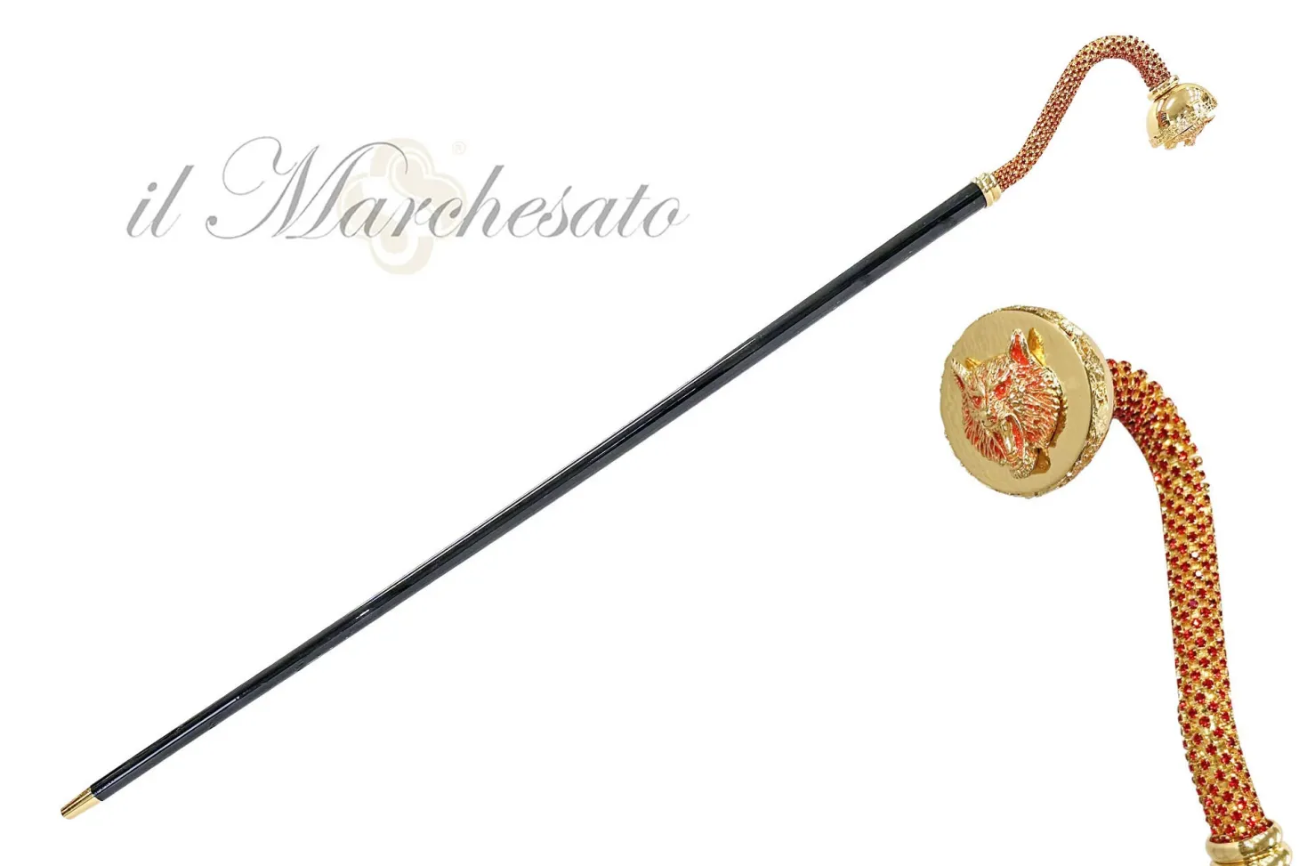 Luxury walking stick with Siam crystal and wolf