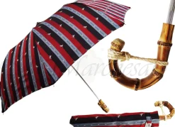 Multi-Color Striped Men's Folding Umbrella - Whangee Bamboo Handle