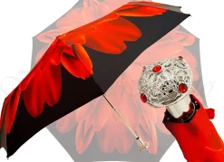 Red Flower Women's Folding Umbrella with Silver-Plated Handle
