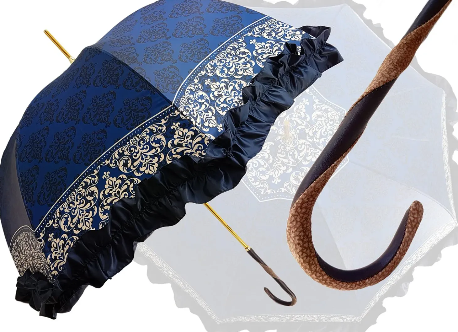 Women's umbrella Studied with a Black & White Pattern on a Blue Canopy
